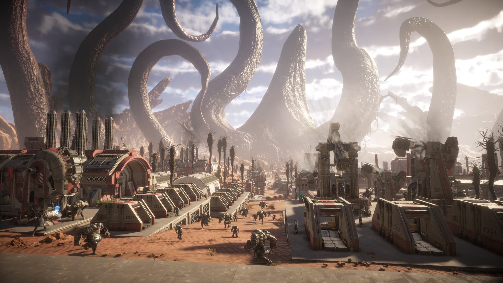 A Pax Autocratica colony beneath giant alien structures